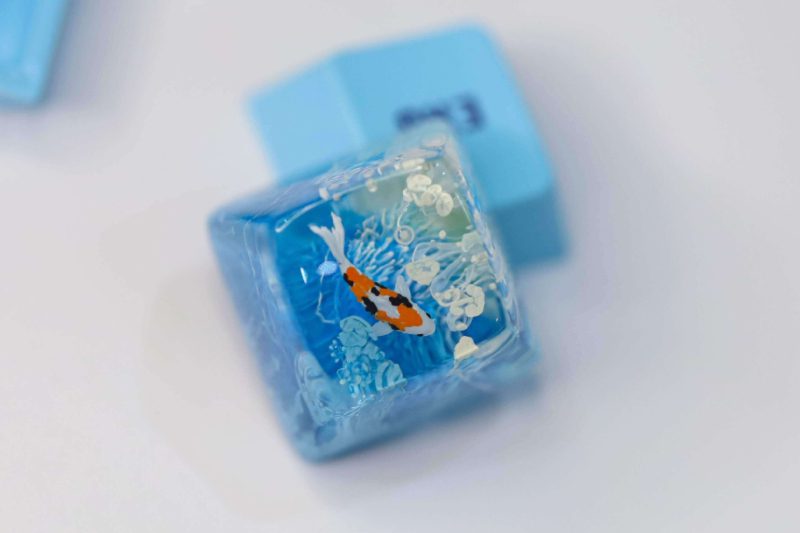 A blue ice cube with a fish on it