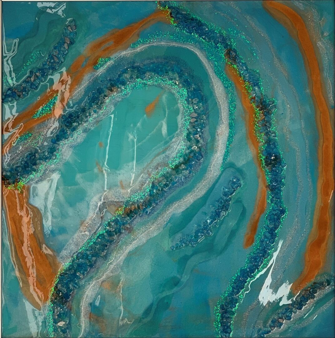 A painting of an abstract ocean scene with orange and blue colors.